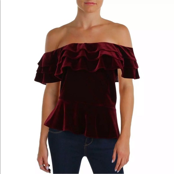 Aqua Tops - 167. Aqua red velvet off shoulder peplum top